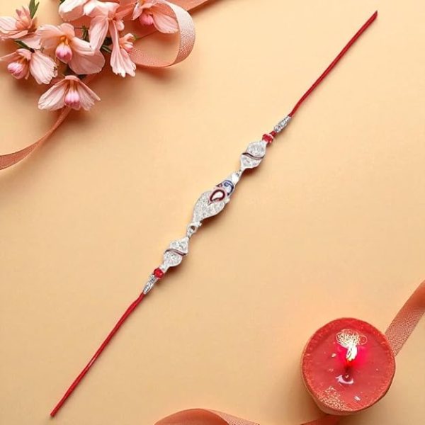 ACCESSHER Mens Delicate Silver Toned Peacock Design Enamel Rakhi for Brother & Gifting - Image 6