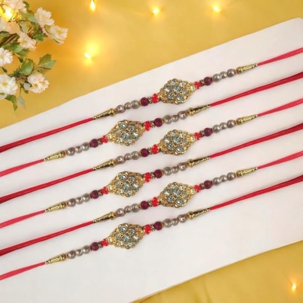 ACCESSHER Mens Semi Precious Red Stones Studded Deliate Rakhi for Beloved Brother Pack of 6 & Gifting with Roli Kumkum Packets & Happy Rakshabandhan Card - Image 2