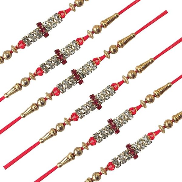 ACCESSHER Mens Traditional Rhinestones Studded Delicate Rakhi Pack Of 6 For Beloved Brother & Gifting With Roli Kumkum Packets & Happy Rakshabandhan Card - Image 3