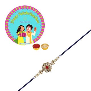 ACCESSHER Embrace Tradition Kundan Rakhi - Red Ruby Floral Design for Brother, Comes with Roli/Kumkum Packets, Rice and Raksha Bandhan Card | Latest Rakhi for Brother