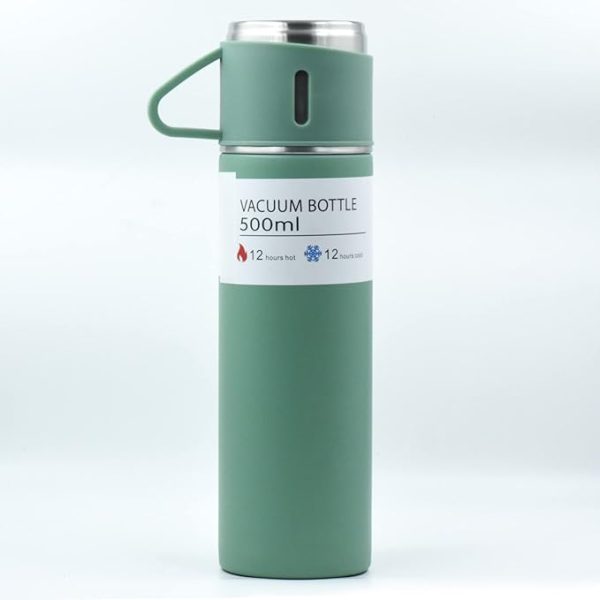 Stainless Steel Vacuum Flask Set with 3 Steel Cups Combo for Coffee Hot Drink and Cold | Water Flask Bottle | Travel Friendly | Latest Ideal Gift for Festive Season, Family Gifting Green in Colour