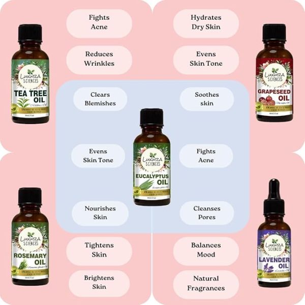 Luxura Sciences Organic Essential Oil Combo Pack of 5 Oils ;ANTI ACNE Essential Oil Kit 5 * 15ml (Tea Tree Oil; Lavender Oil; Eucalyptus Oil; Grapeseed Oil; Rosemary Oil) - Image 4