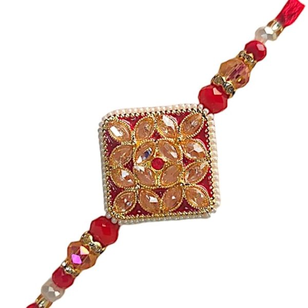 ACCESSHER Traditional Semi Precious Stones Studded Statement Rakhi for Beloved Brother & Gifting with Roli Kumkum Packets & Happy Rakshabandhan Card - Image 4