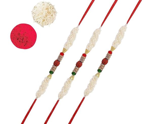 ACCESSHER Mens Traditional Elegant and Stylish Designer Pearl and Rudraksh Rakhi for Beloved Brother Pack of 6 with Roli Kumkum Packets and Happy Rakshabandhan Card - Image 4