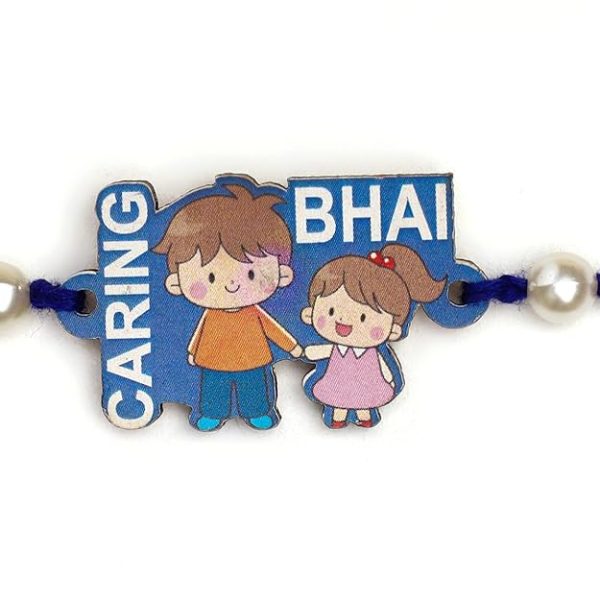 ACCESSHER Mens Traditional Elegant Wooden Design Caring Bhai Printed Rakhi for Beloved Brother Pack of 1 with Roli Kumkum Packets, and Happy Rakshabandhan Card - Image 2