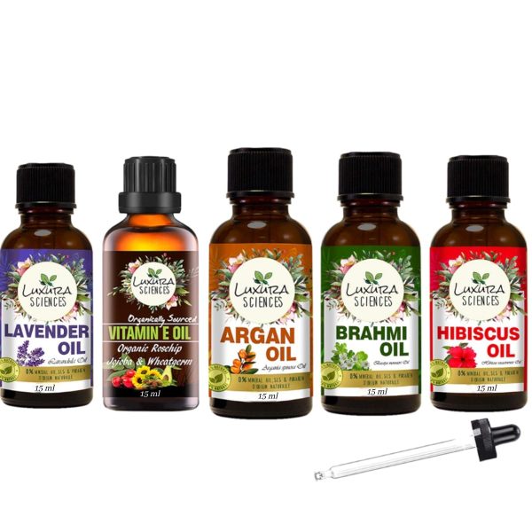 Luxura Sciences Daily Scalp Health Essential Oil Kit | 5 Nourishing Oils for Hair & Scalp Care (Hibiscus, Brahmi, Argan, Lavender & Vitamin E) – 15ml Each