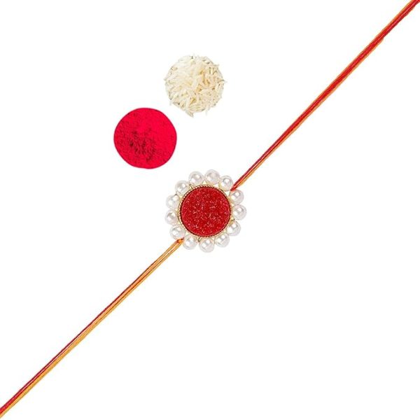 Accessher Traditional Stylish Quirky Druzy Stone Pearl Rakhi for Brother Pack of 1 with Metal Pooja Thali, Roli/Kumkum Packets, Rice and Happy Rakshabandhan Card. - Image 2