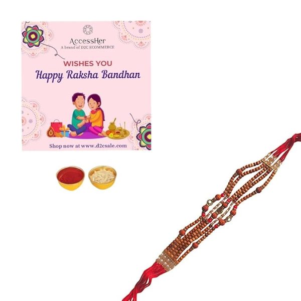 ACCESSHER Ethnic Rudraksh Adorned Statement Rakhi for Beloved Brother & Gifting with Roli Kumkum Packets & Happy Rakshabandhan Card - Image 4