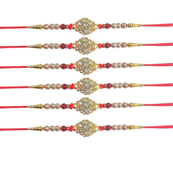 ACCESSHER Mens Semi Precious Red Stones Studded Deliate Rakhi for Beloved Brother Pack of 6 & Gifting with Roli Kumkum Packets & Happy Rakshabandhan Card