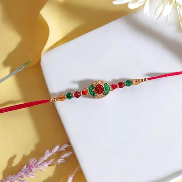 ACCESSHER Traditional Multicolour Menakari Om/Aum Rakhi for Beloved Brother & Gifting with Roli Kumkum Packets & Happy Rakshabandhan Card - Image 2