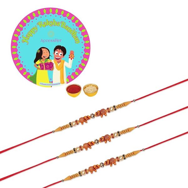 ACCESSHER Presents: Delicate Elephant Design Beads Rakhi for Kids, Brother with Roli/Kumkum Packets, Rice and Raksha Bandhan Card & Gifting - Celebrate with Style and Tradition