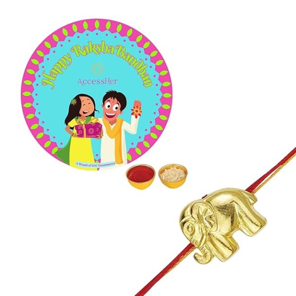 ACCESSHER Enhance the Festivities Gold Plated Acrylic Kid's Rakhi - Complete Set with Roli/Kumkum Packets, Rice and Rakshabandhan Card - Pack of 1 - Image 6