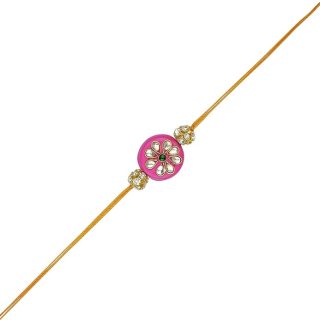 ACCESSHER Mens Traditional Pink Enamel Rhinestone Kundan Rakhi for Brother Pack of 1 with Roli Kumkum Packets and Happy Rakshabandhan Card | Latest Rakhi for Brother