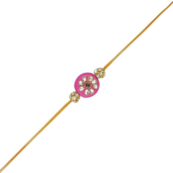 ACCESSHER Mens Traditional Pink Enamel Rhinestone Kundan Rakhi for Brother Pack of 1 with Roli Kumkum Packets and Happy Rakshabandhan Card | Latest Rakhi for Brother