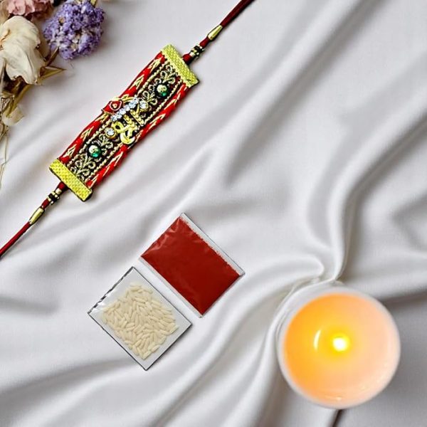 ACCESSHER Mens Traditional Red Stylish Deity Ganesha Lace Rakhi for Beloved Brother Pack of 1 with Roli Kumkum Packets and Happy Rakshabandhan Card - Image 3