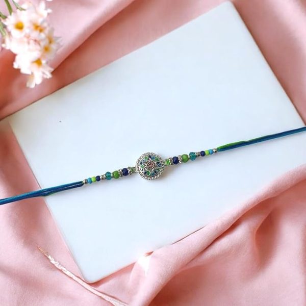 ACCESSHER Mens Traditional Meenakari/Enamel Work Delicate Rakhi for Beloved Brother & Gifting with Roli Kumkum Packets & Happy Rakshabandhan Card - Image 2