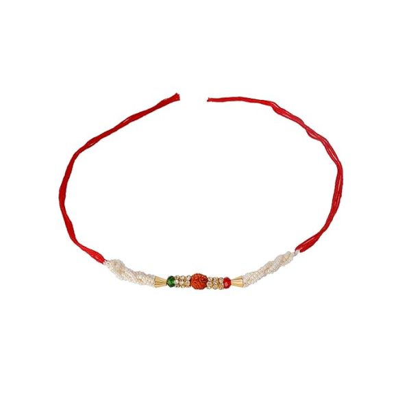 ACCESSHER Mens Traditional Elegant and Stylish Designer Pearl and Rudraksh Rakhi for Beloved Brother Pack of 6 with Roli Kumkum Packets and Happy Rakshabandhan Card - Image 5
