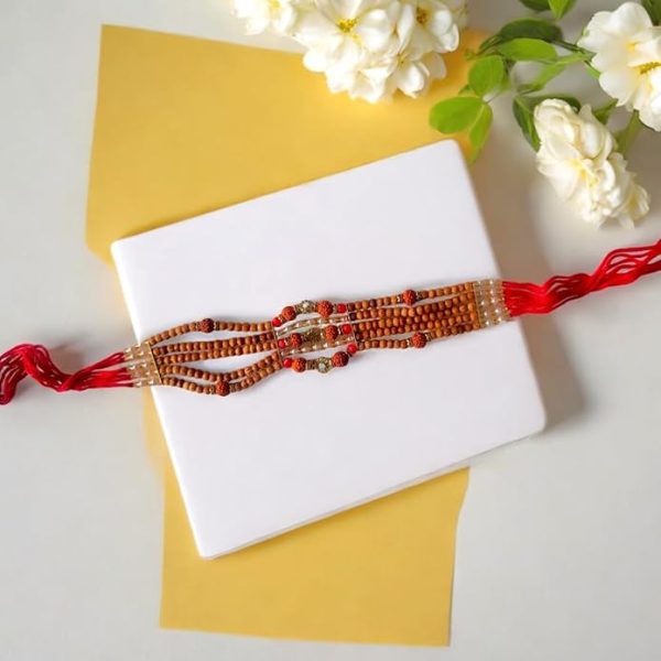 ACCESSHER Ethnic Rudraksh Adorned Statement Rakhi for Beloved Brother & Gifting with Roli Kumkum Packets & Happy Rakshabandhan Card - Image 2