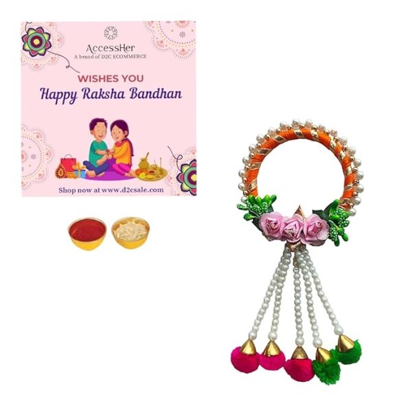 ACCESSHER Unisex Traditional Gota Work Floral Lumba Rakhi with Pom Pom Latkan for Beloved Bhabhi/Gifting with Roli Kumkum Packets & Happy Rakshabandhan Card - Image 3