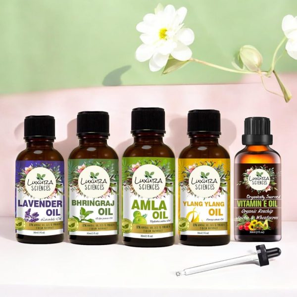Luxura Sciences Organic Essential Oil Combo Pack of 5 Oils - HAIR Essential oil kit 5x15ml (Lavender Oil, Bhringraj Oil, Amla Oil, Ylang Ylang Oil, Vitamin E Oil) - Image 2
