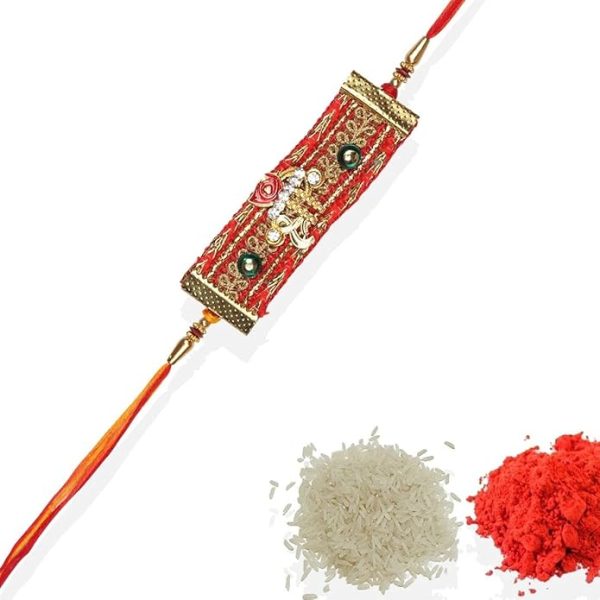 ACCESSHER Traditional Elegant Religious Shree Multicolor Fabric Design Rakhi for Brother Pack of 1 with Roli Kumkum Packets & Happy Rakshabandhan Card - Image 2