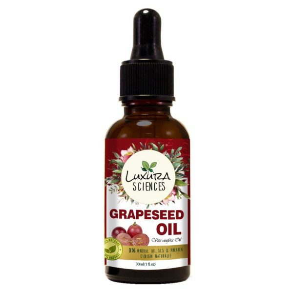 Luxura Sciences organic grape seed oil natural cold pressed rich in vitamin A E K lightweight non greasy moisturizer for skin hair body nourishing massage oil promotes healthy scalp youthful glow