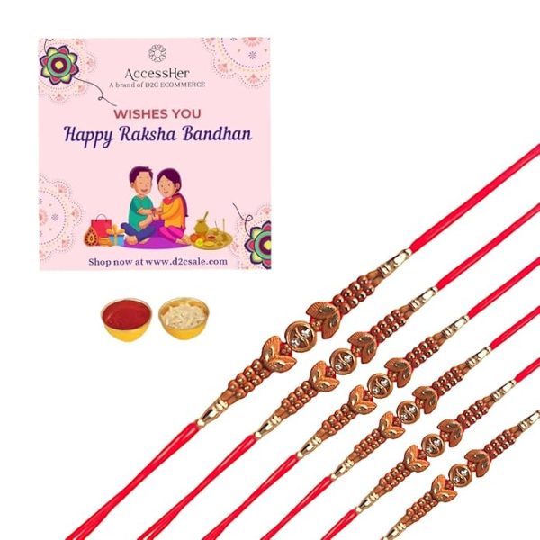 ACCESSHER Mens Traditional Delicate Beads Rakhi for Beloved Brother Pack of 6 & Gifting with Roli Kumkum Packets & Happy Rakshabandhan Card - Image 4
