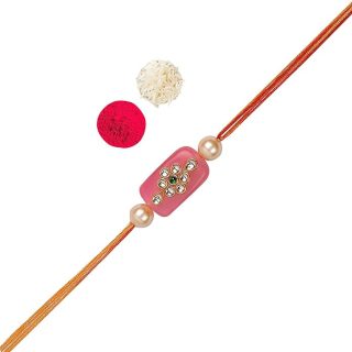 ACCESSHER Mens Traditional Gold Plated Latest Pink Kundan Work Designer Rakhi for Beloved Brother Pack of 1 with Roli Kumkum Packets and Happy Rakshabandhan Card