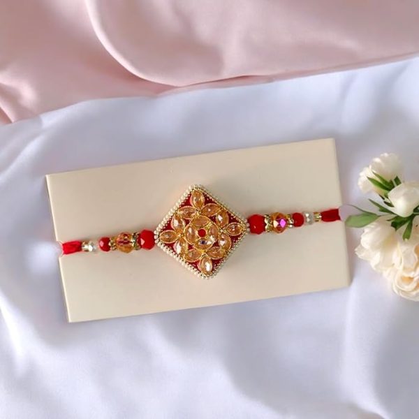 ACCESSHER Traditional Semi Precious Stones Studded Statement Rakhi for Beloved Brother & Gifting with Roli Kumkum Packets & Happy Rakshabandhan Card - Image 5