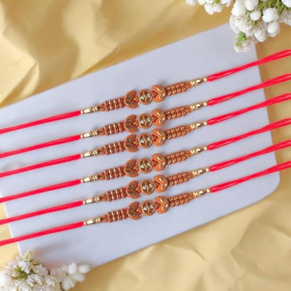 ACCESSHER Mens Traditional Delicate Beads Rakhi for Beloved Brother Pack of 6 & Gifting with Roli Kumkum Packets & Happy Rakshabandhan Card - Image 2