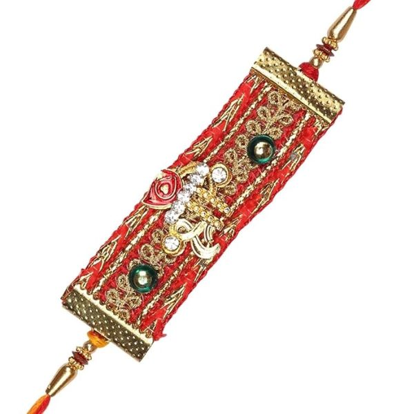 ACCESSHER Traditional Elegant Religious Shree Multicolor Fabric Design Rakhi for Brother Pack of 1 with Roli Kumkum Packets & Happy Rakshabandhan Card - Image 3