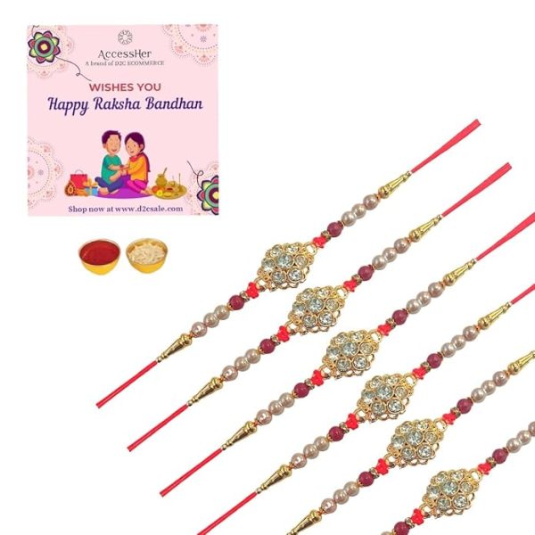 ACCESSHER Mens Semi Precious Red Stones Studded Deliate Rakhi for Beloved Brother Pack of 6 & Gifting with Roli Kumkum Packets & Happy Rakshabandhan Card - Image 4