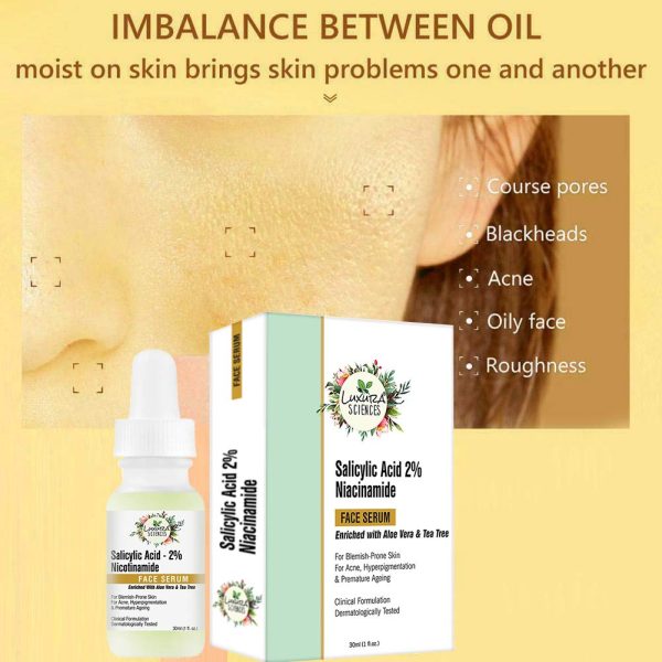 Luxura Sciences Salicylic Acid 2% Face Serum, Niacinamide Serum 30ml - Mild Exfoliant - Pore Reduction, Oil Control, and Acne Spot Treatment | Improves Skin Elasticity and Reduces Fine Lines - Image 3