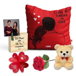 Indigifts Valentine Romantic gift Cotton Cushion Cover with Filler| Wooden Photo Stand| Greeting Card| Teddy| Artificial Red Rose| 12x12 inch| 1 Cushion Cover| 1 Filler|Teddy day Gift Anniversary Gift