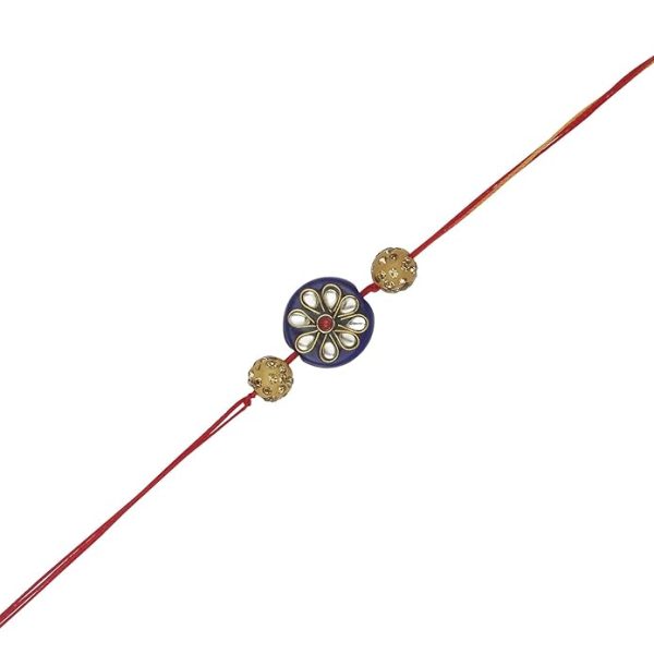 ACCESSHER Mens Traditional Blue Enamel Rhinestone Kundan Rakhi for Brother Pack of 1 with Roli Kumkum Packets and Happy Rakshabandhan Card || Latest Rakhi for Brother - Image 2