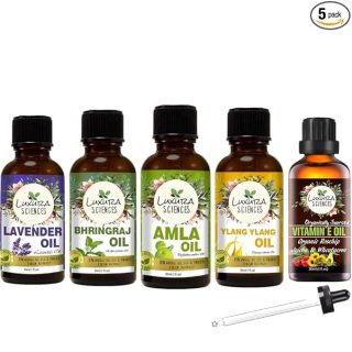 Luxura Sciences Organic Essential Oil Combo Pack of 5 Oils - HAIR Essential oil kit 5x15ml (Lavender Oil, Bhringraj Oil, Amla Oil, Ylang Ylang Oil, Vitamin E Oil)