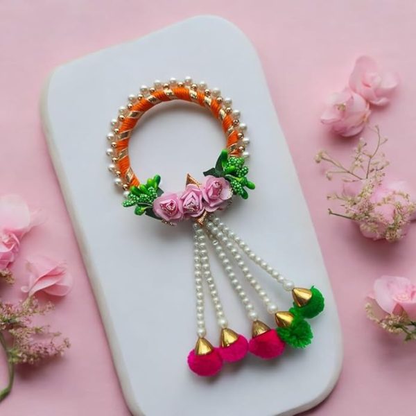 ACCESSHER Unisex Traditional Gota Work Floral Lumba Rakhi with Pom Pom Latkan for Beloved Bhabhi/Gifting with Roli Kumkum Packets & Happy Rakshabandhan Card - Image 2