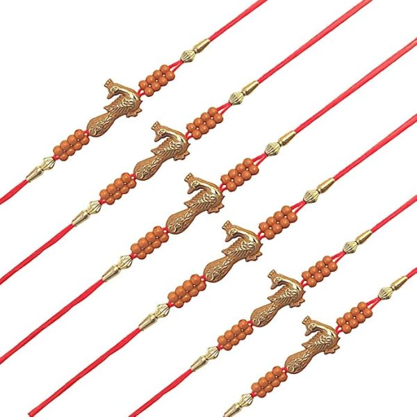 ACCESSHER Unisex Ethnic Meenakari Peacok Design Orange Rakhi for Bwloved Brother Pack of 6 & Gifting with Roli Kumkum Packets & Happy Rakshabandhan Card - Image 3