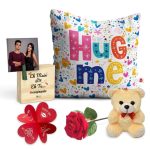 Indigifts Valentine Couple Gifts Box Satin Cushion Cover with Filler, Artificial Rose, Wooden Photo Stand, Card, Teddy Combo Pack (12x12)