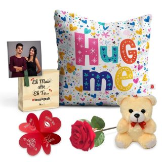 Indigifts Valentine Couple Gifts Box Satin Cushion Cover with Filler, Artificial Rose, Wooden Photo Stand, Card, Teddy Combo Pack (12x12)