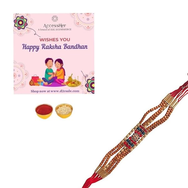 ACCESSHER Traditional Statement Meenakari Floral Beads Rakhi for Beloved Brother & Gifting with Roli Kumkum Packets & Happy Rakshabandhan Card - Image 4