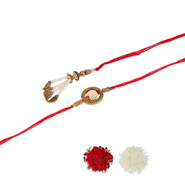 ACCESSHER Mens Traditional Gold Plated Bhaiyya Bhabhi Pearl Lumba Rakhi for Beloved Brother Set of 2 with Roli Kumkum Packets and Happy Rakshabandhan Card