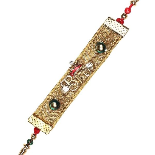 ACCESSHER Designer Elegant Fabric Quirky BRO Rakhi for Beloved Brother Pack of 1 with Roli Kumkum Packets and Happy Rakshabandhan Card - Image 3