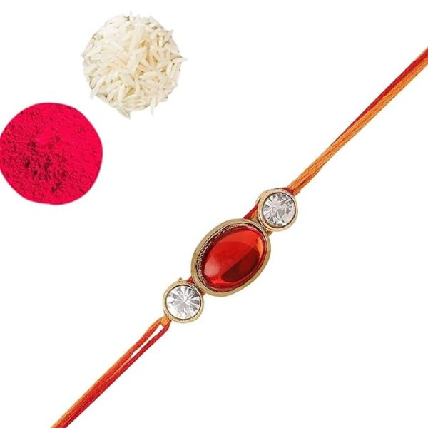 Accessher Traditional Ruby Beads Rakhi for Beloved Brother with Acrylic Peacock Pooja Thali Roli Kumkum Packets and Happy Rakshabandhan Card - Image 5