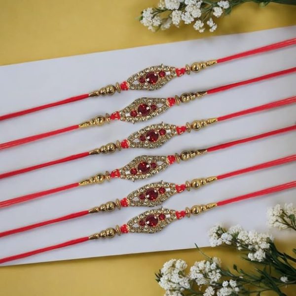 ACCESSHER Mens Semi Precious Stones Studded Delicate Rakhi for Beloved Brother Pack of 6 & Gifting with Roli Kumkum Packets & Happy Rakshabandhan Card - Image 5