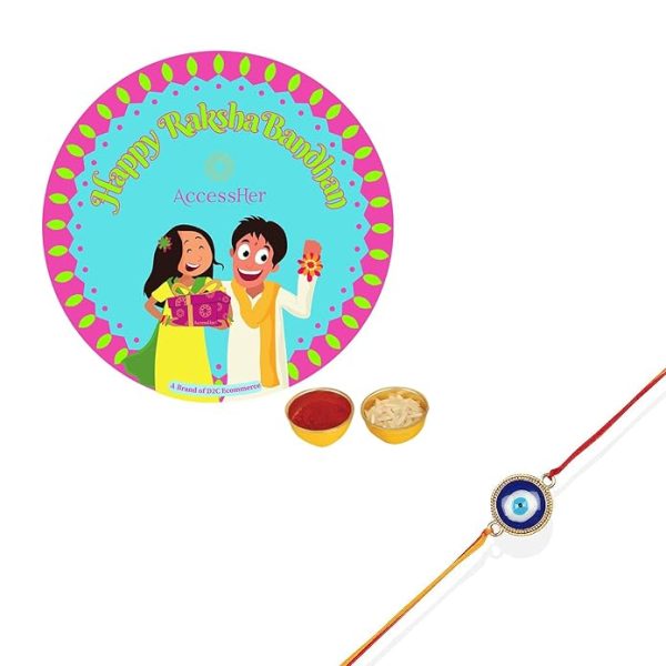 ACCESSHER Mens Delicate Single Thread Elegant and Stylish Evil Eye Rakhi for Beloved Brother & Gifting Card with Roli/Kumkum Packets, Rice & Happy Rakshabandhan Card - Image 4