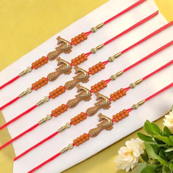 ACCESSHER Unisex Ethnic Meenakari Peacok Design Orange Rakhi for Bwloved Brother Pack of 6 & Gifting with Roli Kumkum Packets & Happy Rakshabandhan Card - Image 2