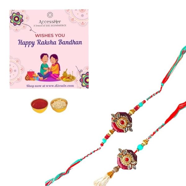 ACCESSHER Unisex Traditional Kundan and Pearls Embedded Bhaiya Bhabhi Rakhi Set/Designer Rakhi & Gifting with Roli Kumkum Packets & Happy Rakshabandhan Card - Image 3