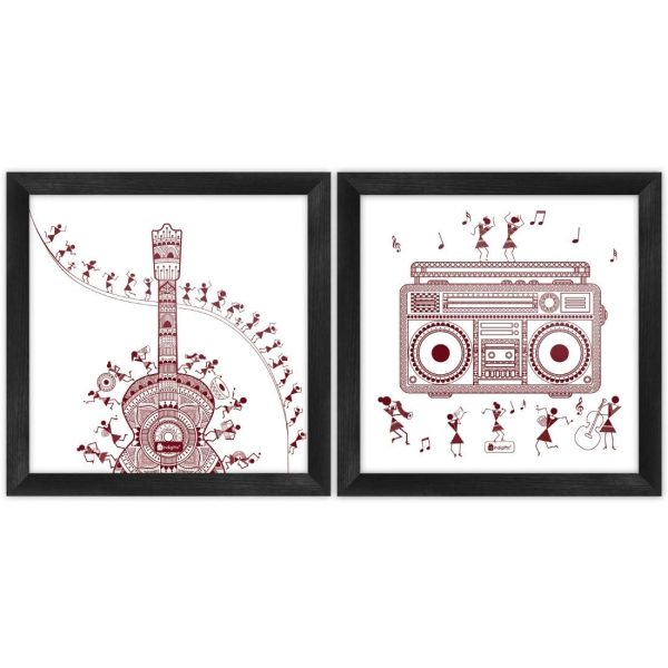 Indigifts Wall Decor For Living Room Music Lover Artistic Design Digital Print Poster Frames 6"x6" Set of 2 - Home Wall Decorations Items, Diwali Home Decoration Items, Warli Art Posters Frame