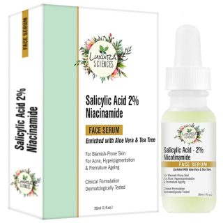Luxura Sciences Salicylic Acid 2% Face Serum, Niacinamide Serum 30ml - Mild Exfoliant - Pore Reduction, Oil Control, and Acne Spot Treatment | Improves Skin Elasticity and Reduces Fine Lines